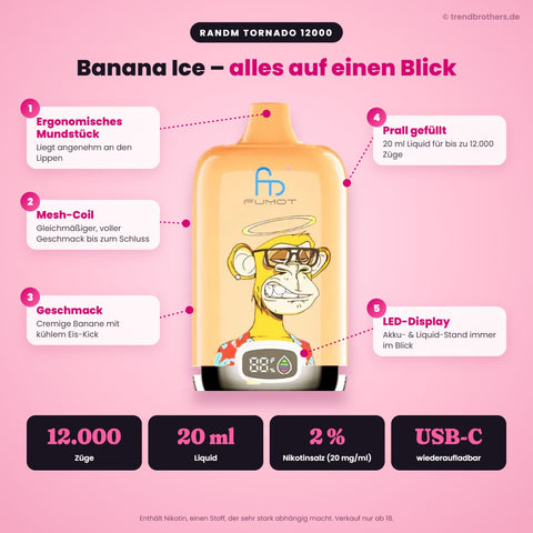 RandM Tornado 12000 Banana Ice – Daten & Funktionen: 12.000 Züge, 20 ml Liquid, 2 % Nikotinsalz, USB-C, Mesh-Coil, LED-Display