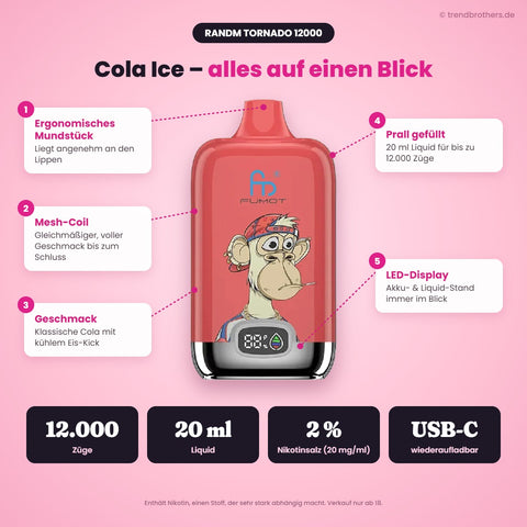 RandM Tornado 12000 Cola Ice – Daten & Funktionen: 12.000 Züge, 20 ml Liquid, 2 % Nikotinsalz, USB-C, Mesh-Coil, LED-Display