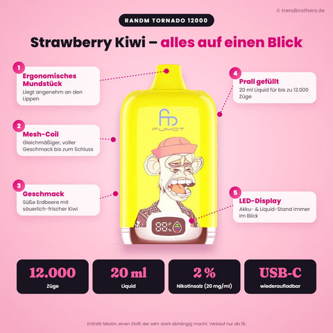 RandM Tornado 12000 Strawberry Kiwi – Daten & Funktionen: 12.000 Züge, 20 ml Liquid, 2 % Nikotinsalz, USB-C, Mesh-Coil, LED-Display
