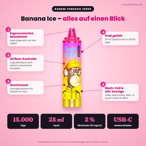 RandM Tornado 15000 Banana Ice – Daten & Funktionen: 15.000 Züge, 25 ml Liquid, 2 % Nikotinsalz, USB-C, Airflow-Kontrolle, Mesh-Coil, LED-Anzeige