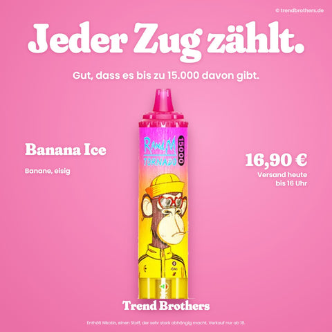 RandM Tornado 15000 Banana Ice – Jeder Zug zählt – bis zu 15.000 Züge