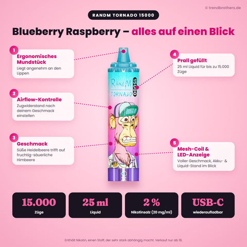 RandM Tornado 15000 Blueberry Raspberry – Daten & Funktionen: 15.000 Züge, 25 ml Liquid, 2 % Nikotinsalz, USB-C, Airflow-Kontrolle, Mesh-Coil, LED-Anzeige