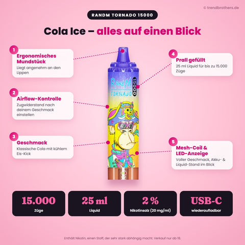 RandM Tornado 15000 Cola Ice – Daten & Funktionen: 15.000 Züge, 25 ml Liquid, 2 % Nikotinsalz, USB-C, Airflow-Kontrolle, Mesh-Coil, LED-Anzeige