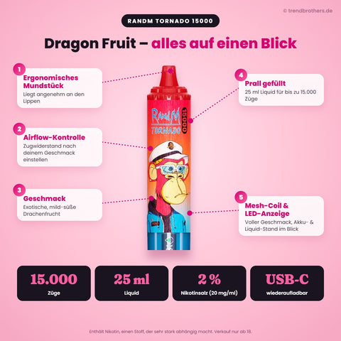 RandM Tornado 15000 Dragon Fruit – Daten & Funktionen: 15.000 Züge, 25 ml Liquid, 2 % Nikotinsalz, USB-C, Airflow-Kontrolle, Mesh-Coil, LED-Anzeige