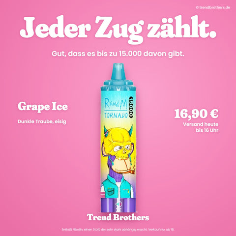 RandM Tornado 15000 Grape Ice – Jeder Zug zählt – bis zu 15.000 Züge