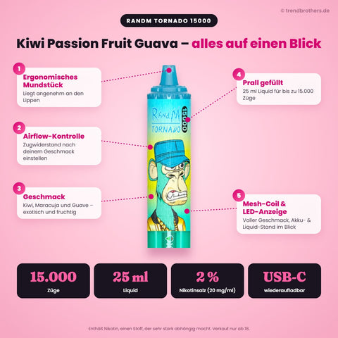 RandM Tornado 15000 Kiwi Passion Fruit Guava – Daten & Funktionen: 15.000 Züge, 25 ml Liquid, 2 % Nikotinsalz, USB-C, Airflow-Kontrolle, Mesh-Coil, LED-Anzeige