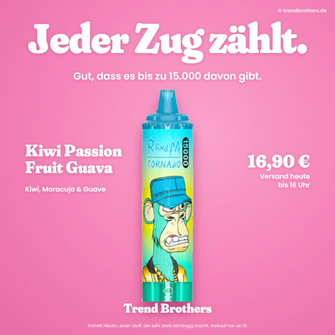 RandM Tornado 15000 Kiwi Passion Fruit Guava – Jeder Zug zählt – bis zu 15.000 Züge
