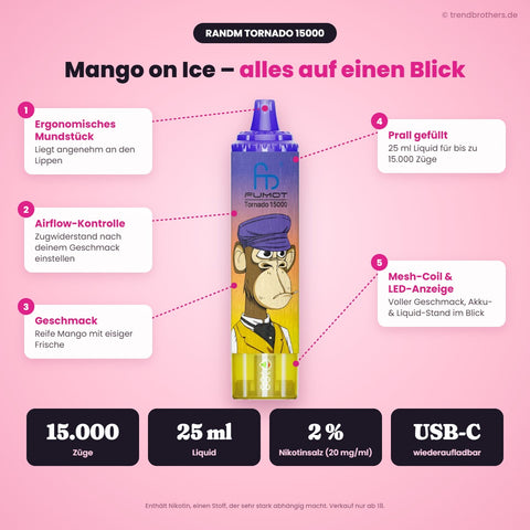RandM Tornado 15000 Mango on Ice – Daten & Funktionen: 15.000 Züge, 25 ml Liquid, 2 % Nikotinsalz, USB-C, Airflow-Kontrolle, Mesh-Coil, LED-Anzeige