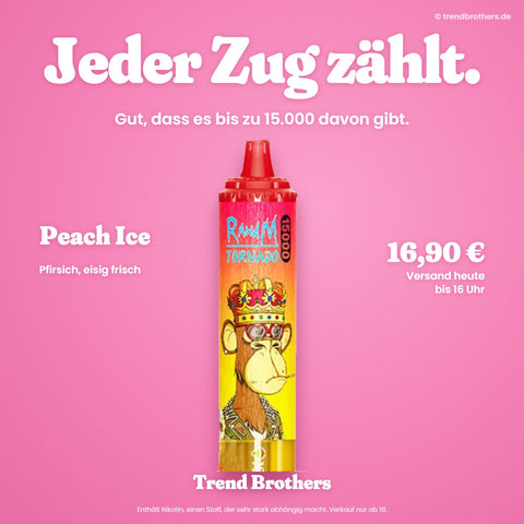 RandM Tornado 15000 Peach Ice – Jeder Zug zählt – bis zu 15.000 Züge