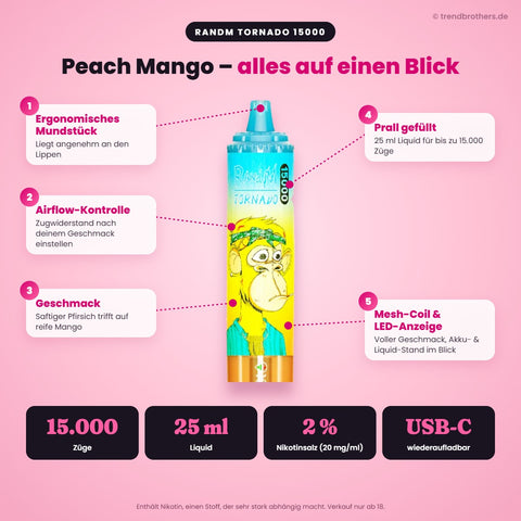 RandM Tornado 15000 Peach Mango – Daten & Funktionen: 15.000 Züge, 25 ml Liquid, 2 % Nikotinsalz, USB-C, Airflow-Kontrolle, Mesh-Coil, LED-Anzeige