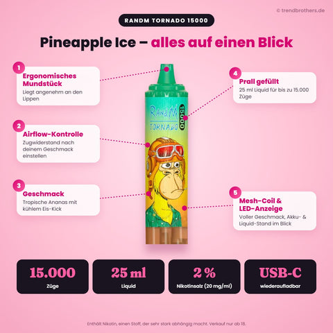 RandM Tornado 15000 Pineapple Ice – Daten & Funktionen: 15.000 Züge, 25 ml Liquid, 2 % Nikotinsalz, USB-C, Airflow-Kontrolle, Mesh-Coil, LED-Anzeige