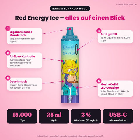RandM Tornado 15000 Red Energy Ice – Daten & Funktionen: 15.000 Züge, 25 ml Liquid, 2 % Nikotinsalz, USB-C, Airflow-Kontrolle, Mesh-Coil, LED-Anzeige