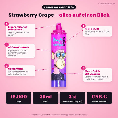 RandM Tornado 15000 Strawberry Grape – Daten & Funktionen: 15.000 Züge, 25 ml Liquid, 2 % Nikotinsalz, USB-C, Airflow-Kontrolle, Mesh-Coil, LED-Anzeige