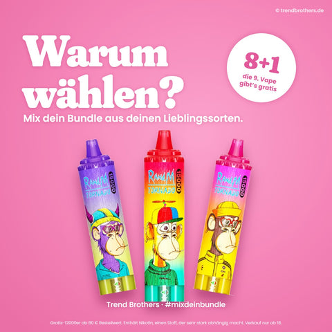 RandM Tornado 15000 Strawberry Kiwi – Mix-Bundle: 8 Sorten + 1 gratis