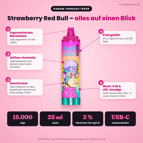 RandM Tornado 15000 Strawberry Red Bull – Daten & Funktionen: 15.000 Züge, 25 ml Liquid, 2 % Nikotinsalz, USB-C, Airflow-Kontrolle, Mesh-Coil, LED-Anzeige