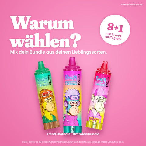 RandM Tornado 15000 Strawberry Red Bull – Mix-Bundle: 8 Sorten + 1 gratis