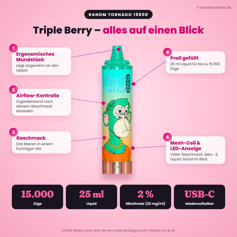 RandM Tornado 15000 Triple Berry – Daten & Funktionen: 15.000 Züge, 25 ml Liquid, 2 % Nikotinsalz, USB-C, Airflow-Kontrolle, Mesh-Coil, LED-Anzeige